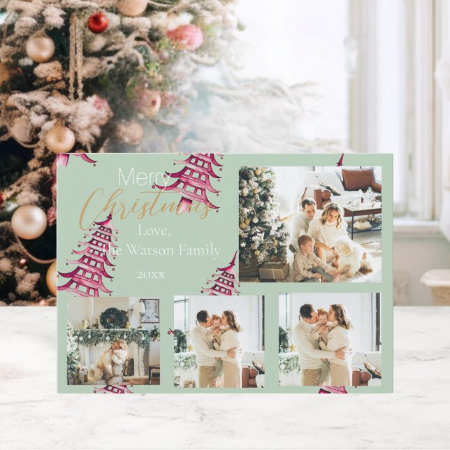 Tarjeta Festiva Navidades rojos sabios Pagoda Trees 5-Foto (Sage red Christmas Pagoda Trees 5-Photo Holiday Card)