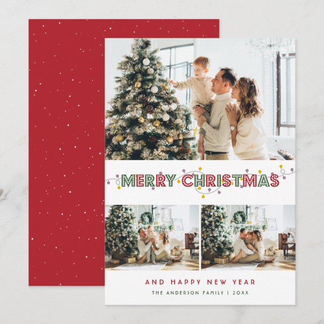 Tarjeta Festiva Navidades rojos verdes iluminan 3 Collages de foto (Anverso / Reverso)
