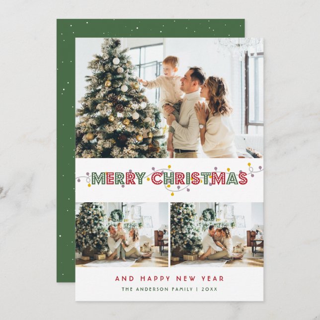 Tarjeta Festiva Navidades rojos verdes iluminan 3 Collages de foto (Anverso / Reverso)