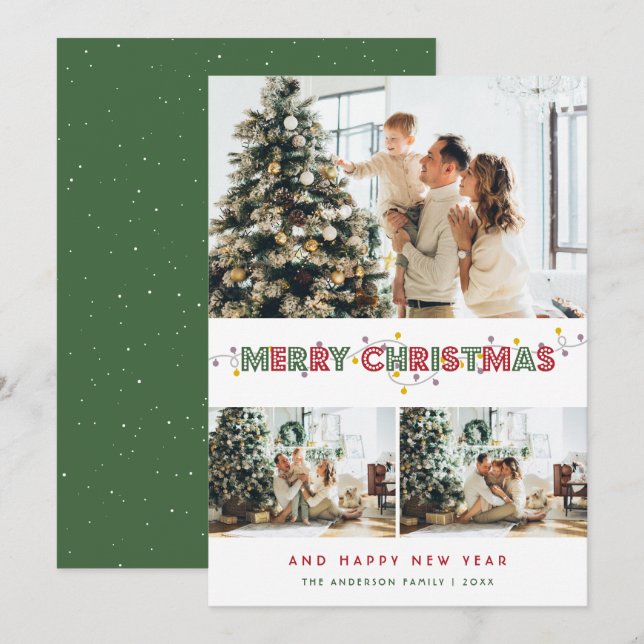 Tarjeta Festiva Navidades rojos verdes iluminan 3 Collages de foto (Anverso / Reverso)
