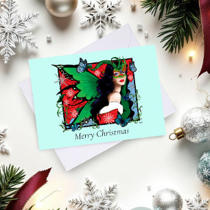 Tarjeta Festiva Navidades rojos verdes solsticio hadas