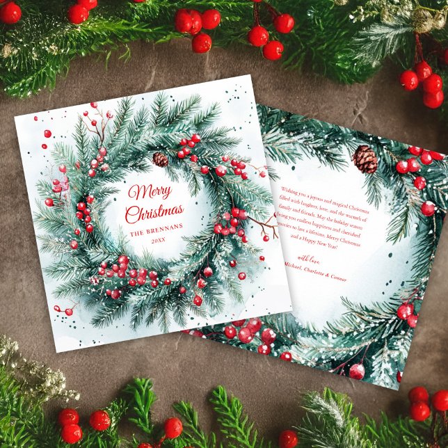Tarjeta Festiva Navidades rojos verdes Wreath Holly Elegante (Green Red Christmas Wreath Holly Elegant Holiday Card)