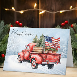 Tarjeta Festiva Navidades rojos vintage camionero bandera estadoun
