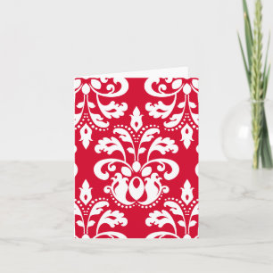 Tarjeta Festiva Navidades rojos y blancos elegantes damasco en bla