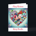 Tarjeta Festiva Navidades románticos del corazón floral<br><div class="desc">Bonito de fondo verde azulado con rosas rojas y flores coloridas estilo arte folclórico floral estilo corazón floral. Agregue una imagen de usted y su compañero en el área de personalización. Dulce carta romántica para Navidades. Todo lo que quiero para los Navidades,  somos nosotros.</div>