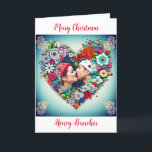 Tarjeta Festiva Navidades románticos del corazón floral<br><div class="desc">Bonito de fondo verde azulado con rosas rojas y flores coloridas estilo arte folclórico floral estilo corazón floral. Agregue una imagen de usted y su compañero en el área de personalización. Dulce carta romántica para Navidades. Todo lo que quiero para los Navidades,  somos nosotros.</div>