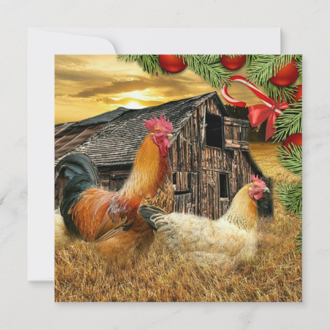 Tarjeta Festiva Navidades Rooster Hen Barn Coop Farm (Anverso)