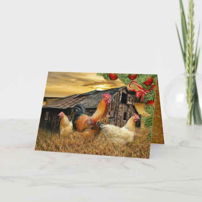 Tarjeta Festiva Navidades Rooster Hen Barn Coop Farm (Anverso)