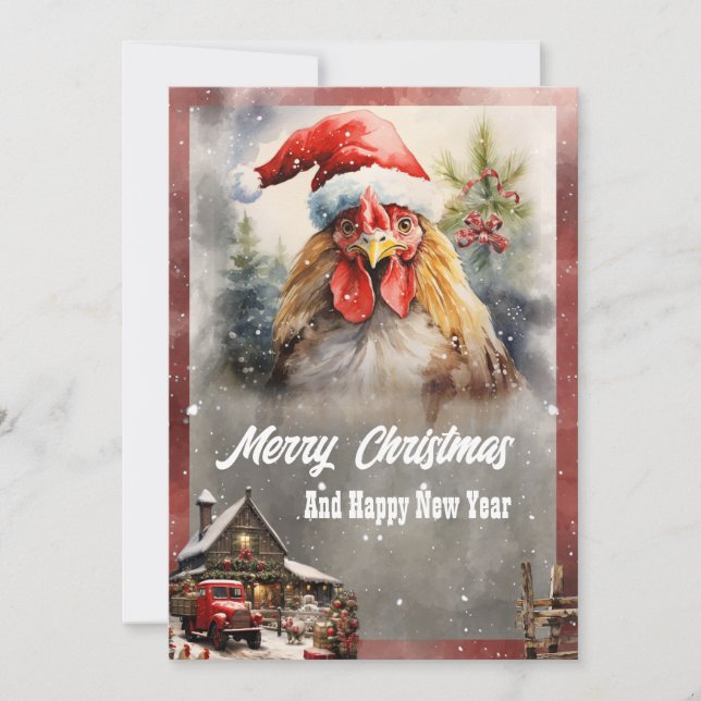 Tarjeta Festiva Navidades Rooster Watercolor (Anverso)