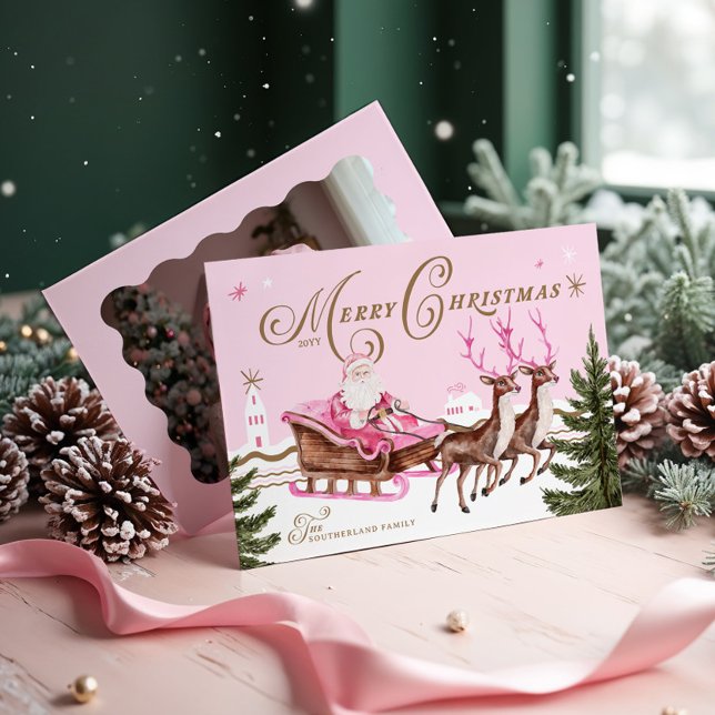 Tarjeta Festiva Navidades Rosa Merry Foto de reno Santa Seligh (Merry Pink Christmas Santa Seligh Reindeer Photo Holiday Card)