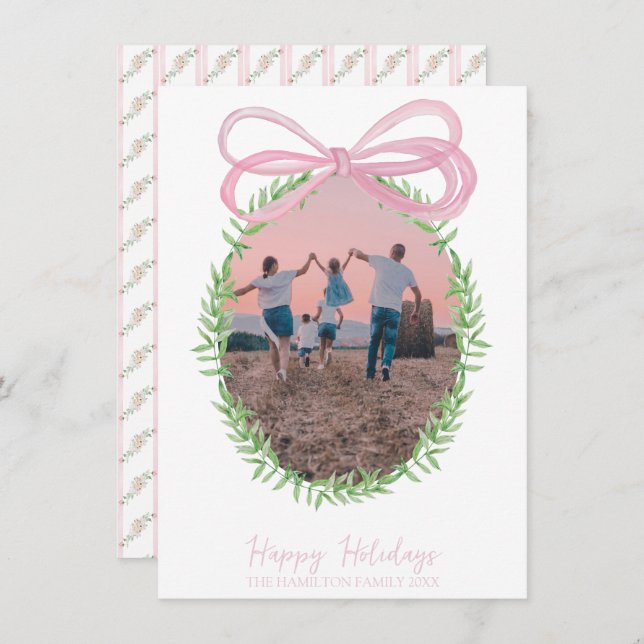Tarjeta Festiva Navidades rosados bonitos Coquette Bow Wreath Phot (Anverso / Reverso)