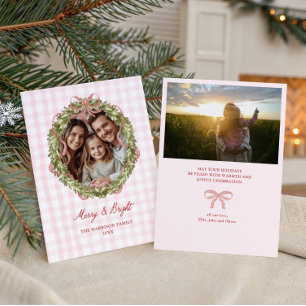 Tarjeta Festiva Navidades rosados de Bow Gingham Wreath Photo