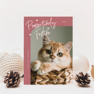 Tarjeta Festiva Navidades rosados de foto de gato patéticamente fe