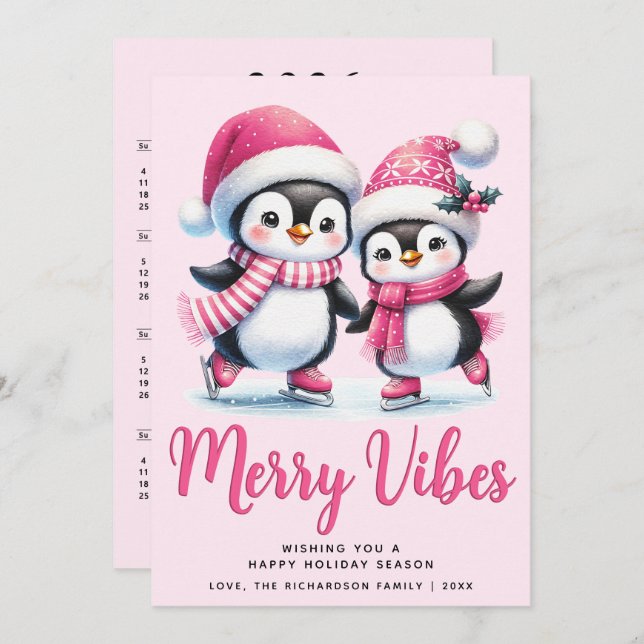 Tarjeta Festiva Navidades rosados de los pingüinos de mora vibes d (Anverso / Reverso)