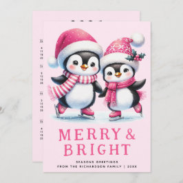Tarjeta Festiva Navidades rosados merry & Bright Penguin Ice Skate