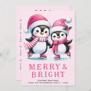 Tarjeta Festiva Navidades rosados merry & Bright Penguin Ice Skate