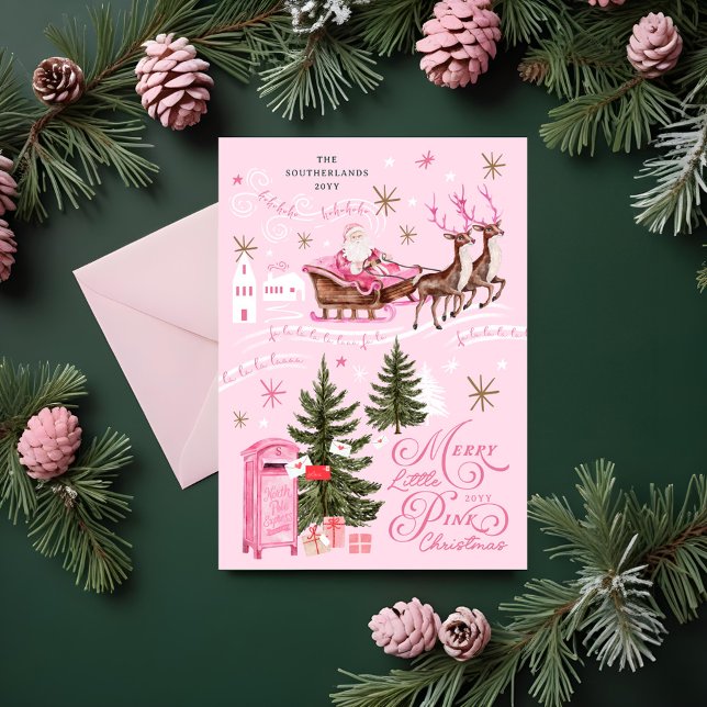 Tarjeta Festiva Navidades rosados Santa Reindeer North Pole Villag (Pink Christmas Santa Reindeer North Pole Village Holiday Card)