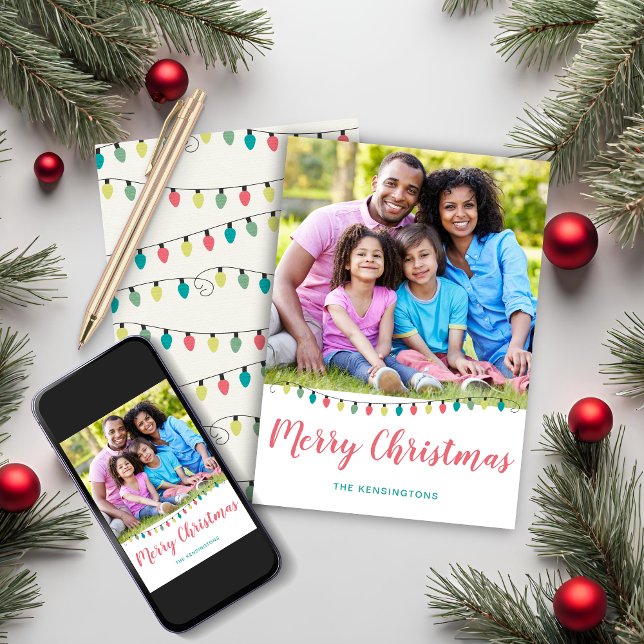 Tarjeta Festiva Navidades rosados Verde azulados amables alumbran  (Cute Teal Pink Christmas Lights Holiday Photo Christmas Card)