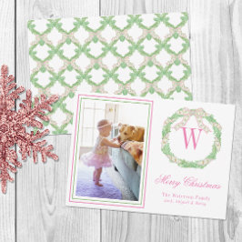 Tarjeta Festiva Navidades rosados y verdes rompen foto de monogram