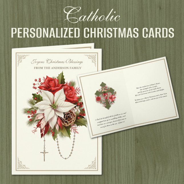 Tarjeta Festiva Navidades Rosary Mary Heart Poinsettias (PERSONALIZED CATHOLIC CHRISTMAS CARDS WITH THE HOLY ROSARY AND HEART OF MARY)