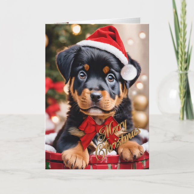 Tarjeta Festiva Navidades rottweiler cachorro en una cesta (Anverso)