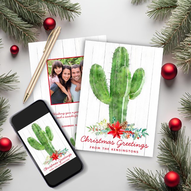 Tarjeta Festiva Navidades rusos Cactus Wood Holiday Foto (Rustic Christmas Cactus Wood Holiday Photo Card)