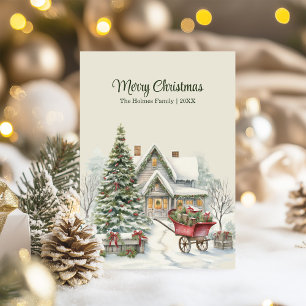 Tarjeta Festiva Navidades rusos codean con árboles y vagones rojos