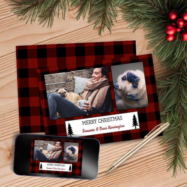 Tarjeta Festiva Navidades rusos con foto de festividad de búfalo r (Rustic Christmas Red Buffalo Plaid Holiday Photo Christmas Card)
