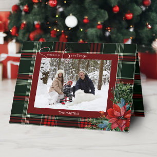 Tarjeta Festiva Navidades rusos con foto de poinsettia y pino