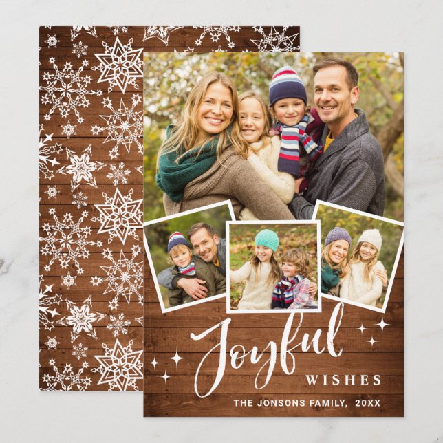 Tarjeta Festiva Navidades Rustic Brown Boho Wood 4 Fotos de bienve (Anverso / Reverso)