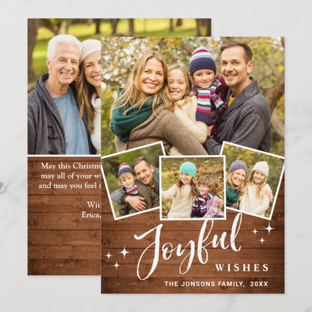 Tarjeta Festiva Navidades Rustic Brown Boho Wood 5 Fotos de bienve (Anverso / Reverso)