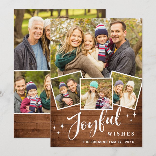 Tarjeta Festiva Navidades Rustic Brown Boho Wood 7 Fotos de bienve (Anverso / Reverso)