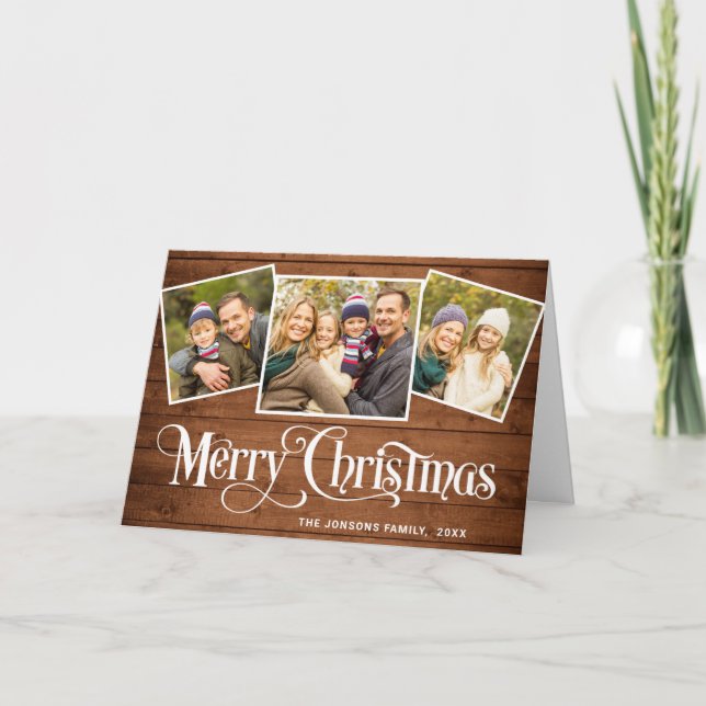 Tarjeta Festiva Navidades Rustic Brown Wood 4 Fotos Saludo a Boho (Anverso)