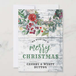 Tarjeta Festiva Navidades Rustic Country Floral Wood