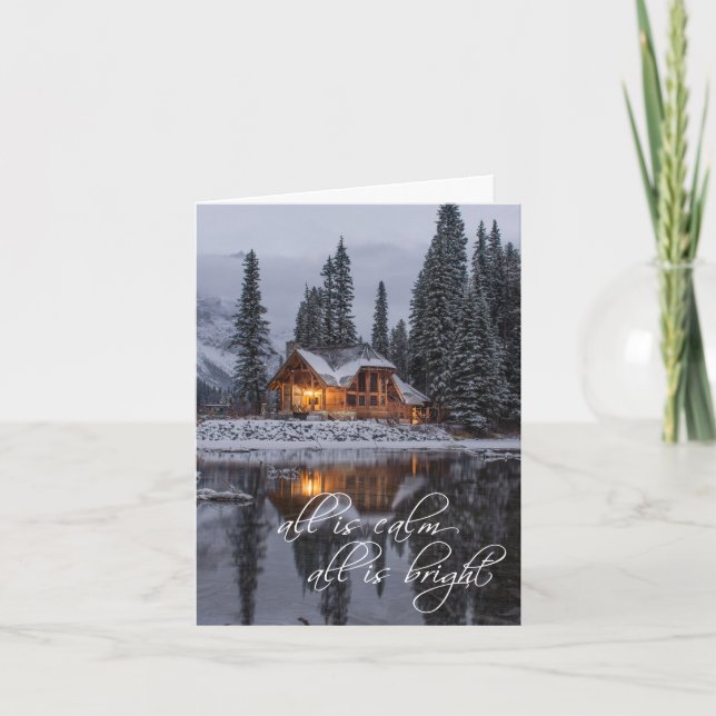 Tarjeta Festiva Navidades Rustic Log Cabin Woods Lake (Anverso)