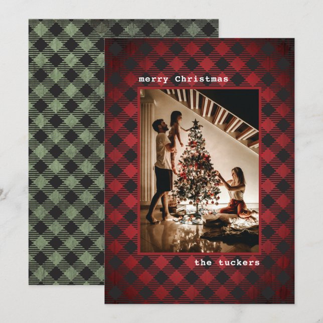 Tarjeta Festiva Navidades Rustic Red Green Wood & Plaid (Anverso / Reverso)