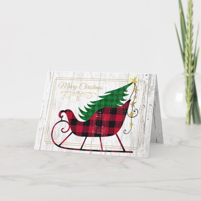 Tarjeta Festiva Navidades Rustic Sleigh Red Buffalo Plaid (Anverso)
