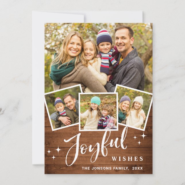 Tarjeta Festiva Navidades Rustic Wood 4 Fotos Saludo a Boho (Anverso)