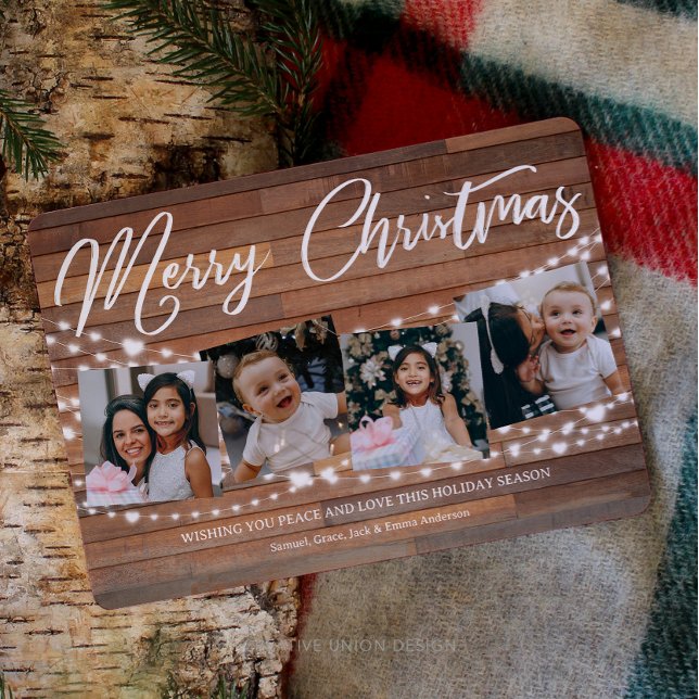 Tarjeta Festiva Navidades Rustic Wood 5 luces de cadena fotográfic (Rustic Wood Custom Christmas Card. Easy to Personalize. 5 Photo Christmas Card.)