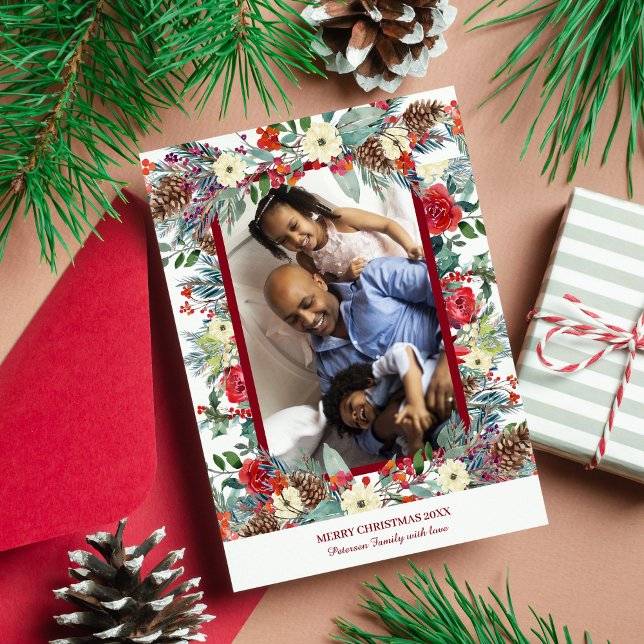 Tarjeta Festiva Navidades rústico floral familia foto rojo burdeos (Subido por el creador)