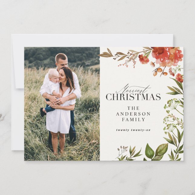 Tarjeta Festiva Navidades rústico follaje foto rojo y verde (Anverso)