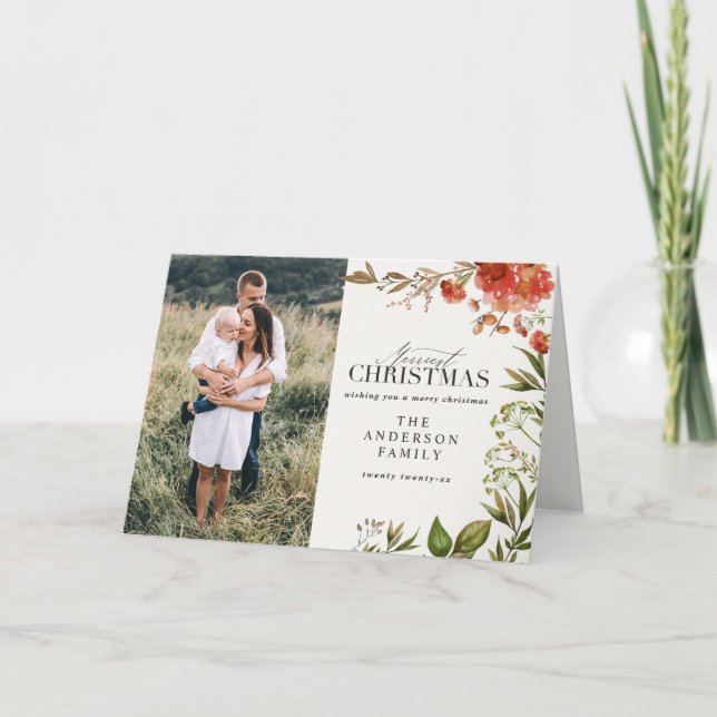 Tarjeta Festiva Navidades rústico follaje foto rojo y verde (Anverso)