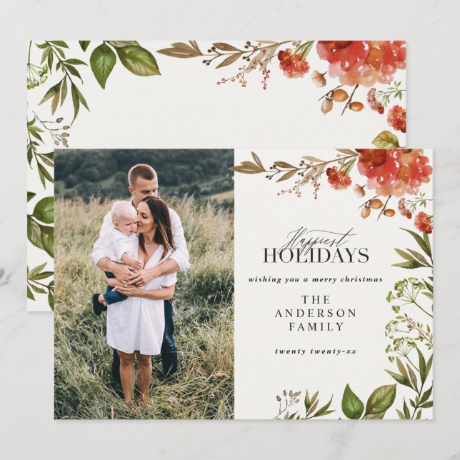 Tarjeta Festiva Navidades rústico follaje foto rojo y verde (Anverso / Reverso)