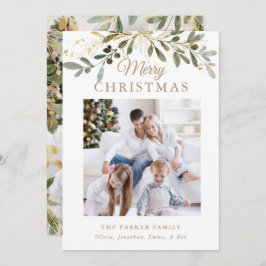 Tarjeta Festiva Navidades rústicos botánicos | Dos fotos y oro