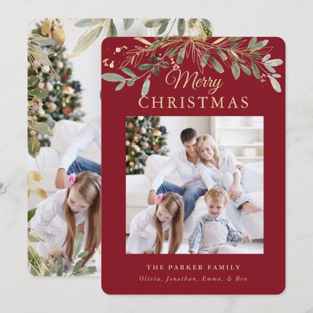 Tarjeta Festiva Navidades rústicos botánicos | Dos fotos y oro (Anverso / Reverso)