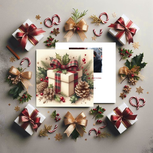 Tarjeta Festiva Navidades Rústicos Coquette Plaid Bow Holly Pineco (Subido por el creador)