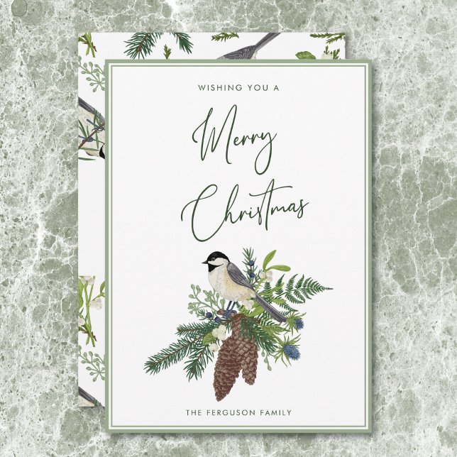 Tarjeta Festiva Navidades Rústicos De Pescado Y Pescado De Inviern (Rustic Winter Bird & Pine Spray Christmas Holiday Card)