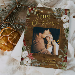Tarjeta Festiva Navidades Rústicos Marrones   Floral y foto de inv