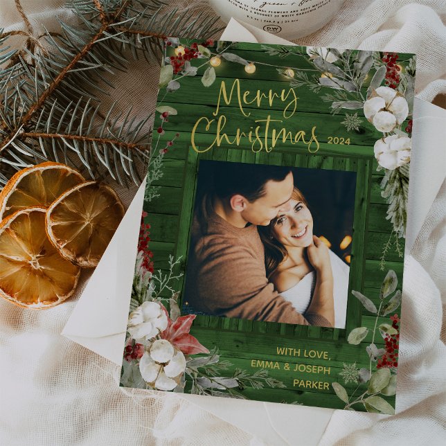 Tarjeta Festiva Navidades Rústicos Verdes | Floral y foto de invie (Subido por el creador)