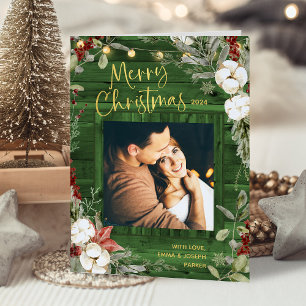 Tarjeta Festiva Navidades Rústicos Verdes   Floral y foto de invie
